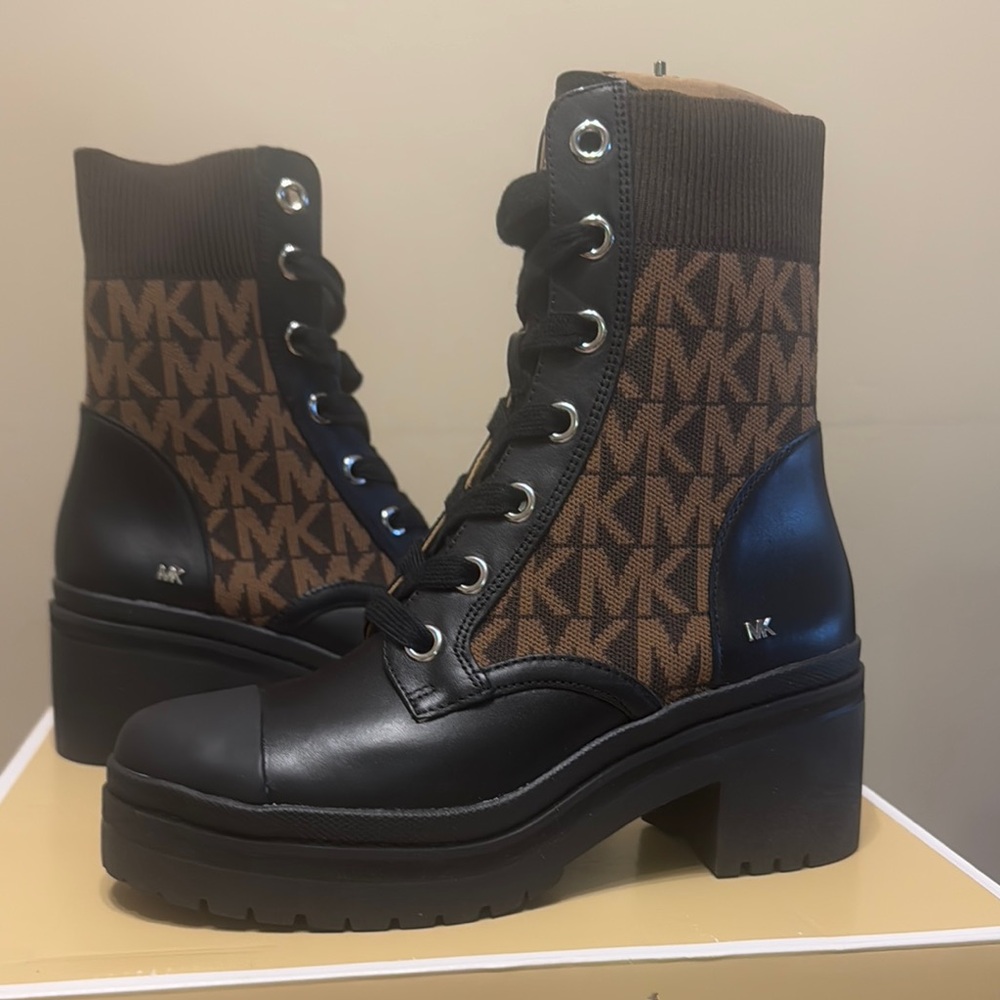 Michael Kors Brea Leather and Logo Jacquard Combat Boot